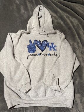 Source Unknown Gray Heather Hoodie with Blue UK Peace Love Cats Graphic